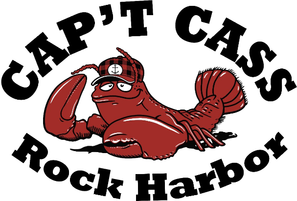 Capt Cass Logo_no background red banner with cap't cass logo announcing that the restaurant is opening soon